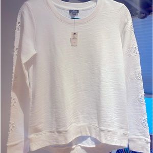 Talbots white lightweight sweatshirt style top with embroidered flower sleeves
